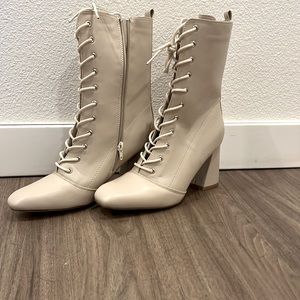 Light Beige Mid-Calf Tie Up Boots